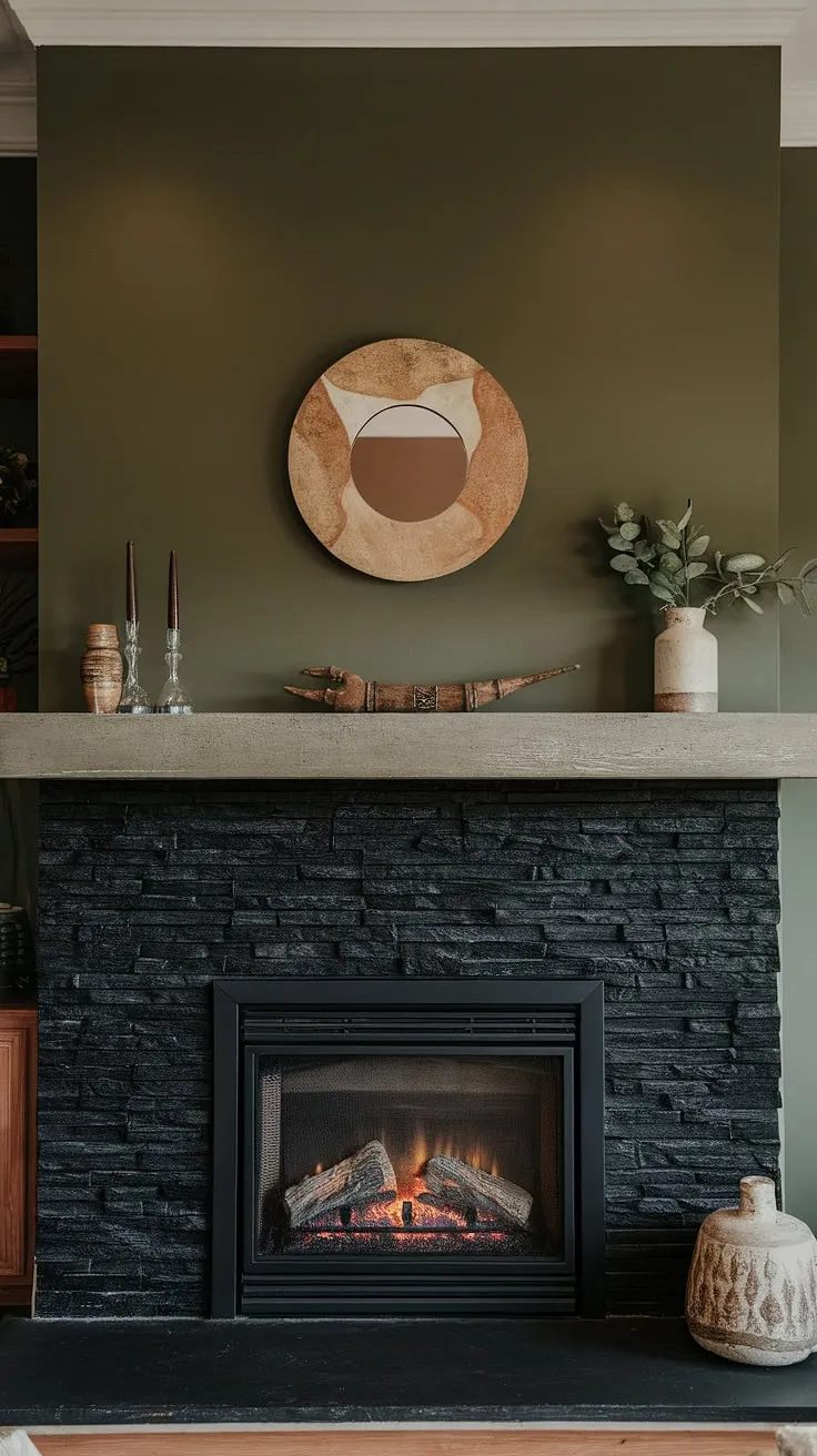 Warmth radiates from this inviting family room, anchored by a striking dark color fireplace. The black stack stone fireplace, with its concrete mantle fireplace, offers a modern fireplace decor statement against the unexpected green wall fireplace backdrop. Unique mantle decor adds personality, while the cottage electric fireplace provides cozy ambiance. This living room fireplace ideas showcase a sophisticated blend of textures and styles.
