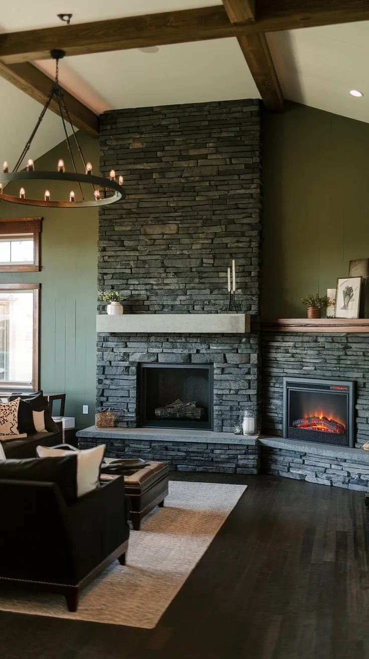 This modern family room boasts a striking black stack stone fireplace, its dark color beautifully offset by a vibrant green wall. The concrete mantle provides a unique mantle decor element, complementing the dark wooden floors and furniture. A charming cottage electric fireplace in the corner adds to the rustic ambiance, enhanced by exposed wooden beams and a rustic chandelier. This living room fireplace ideas showcase a sophisticated blend of textures and styles.