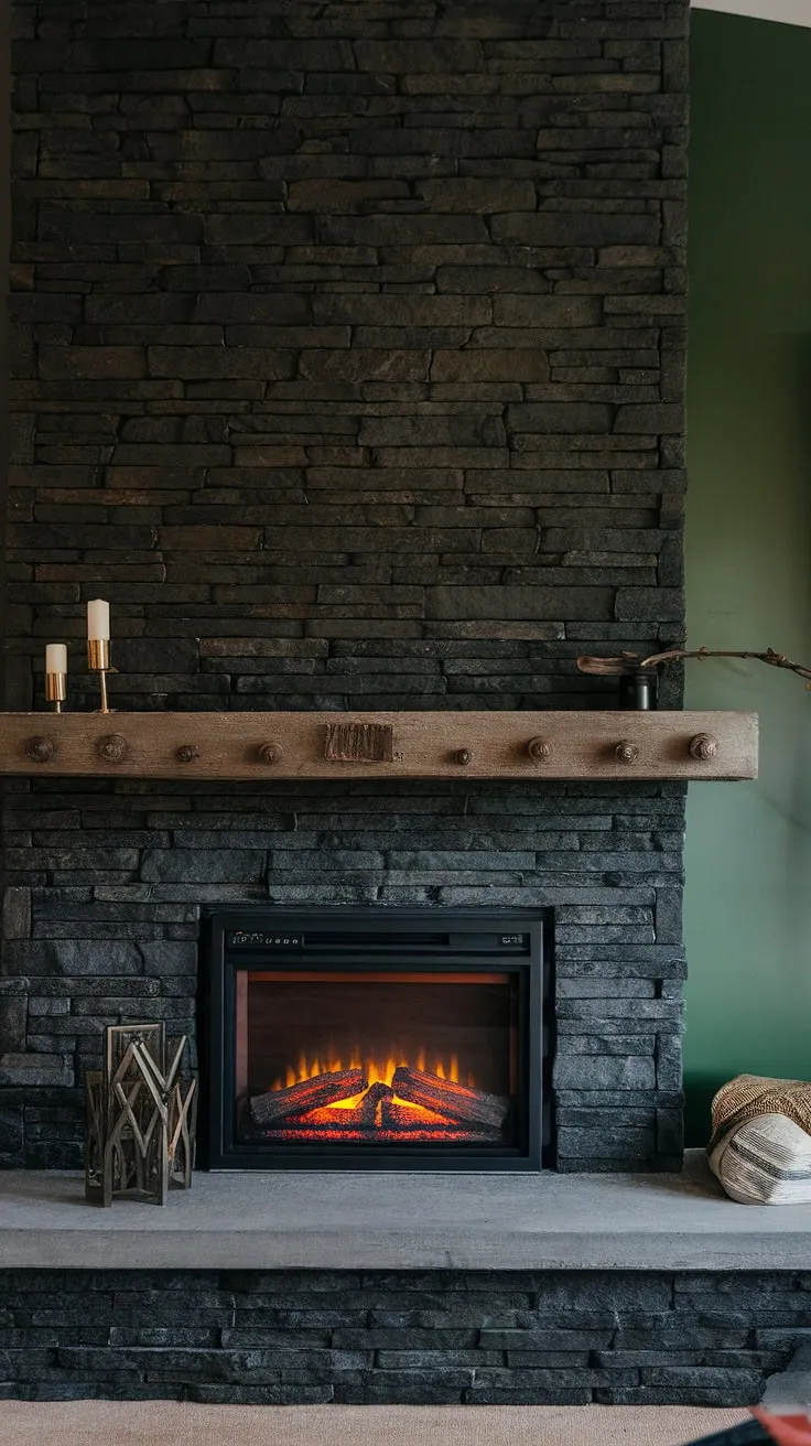 A dark color fireplace, specifically a black stack stone fireplace with a concrete mantle fireplace, anchors this family room. The unique mantle decor elevates the modern fireplace decor, while the green wall fireplace provides a surprising pop of color. The inclusion of a cottage electric fireplace adds extra warmth and complements the overall sophisticated design. This living room fireplace idea demonstrates the power of a black brick fireplace in creating a cozy and stylish atmosphere.