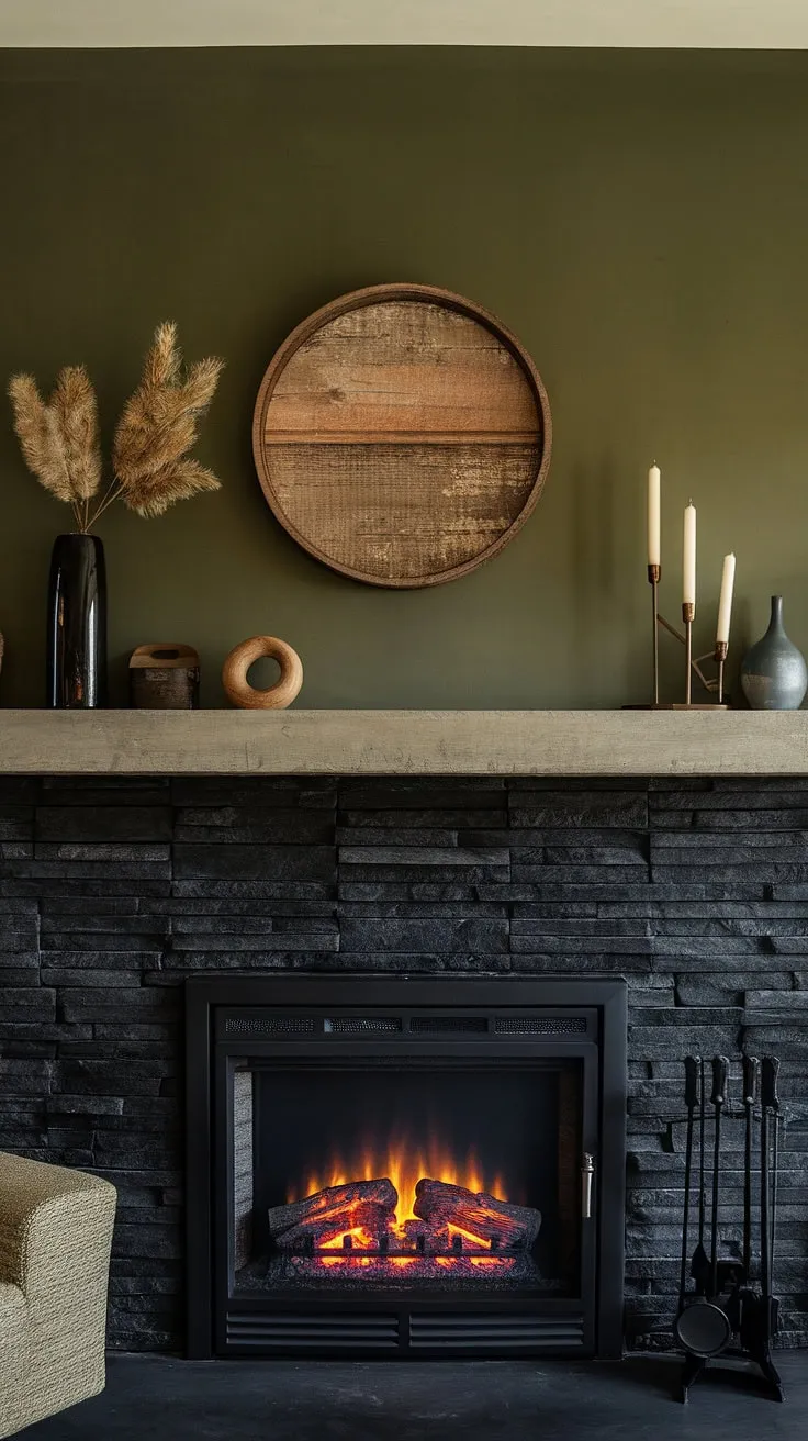 This black brick fireplace, a stunning black stack stone fireplace, anchors this modern fireplace family room. The unique mantle decor, a concrete mantle fireplace, adds a touch of industrial chic against the calming green wall fireplace. Perfect living room fireplace ideas for a warm and inviting atmosphere.