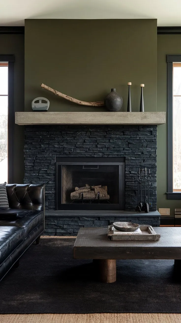 This cozy cottage-style family room boasts a stunning modern fireplace decor, featuring a black stack stone fireplace with a concrete mantle. The dark color scheme, anchored by a black leather sofa and dark wooden coffee table, complements the green wall fireplace beautifully. Unique mantle decor adds personality to this living room fireplace ideas showcase, making it a perfect example of a dark color fireplace design. The black brick fireplace (the stack stone closely resembles brick) adds a touch of rustic charm, while the cottage electric fireplace offers both warmth and style.