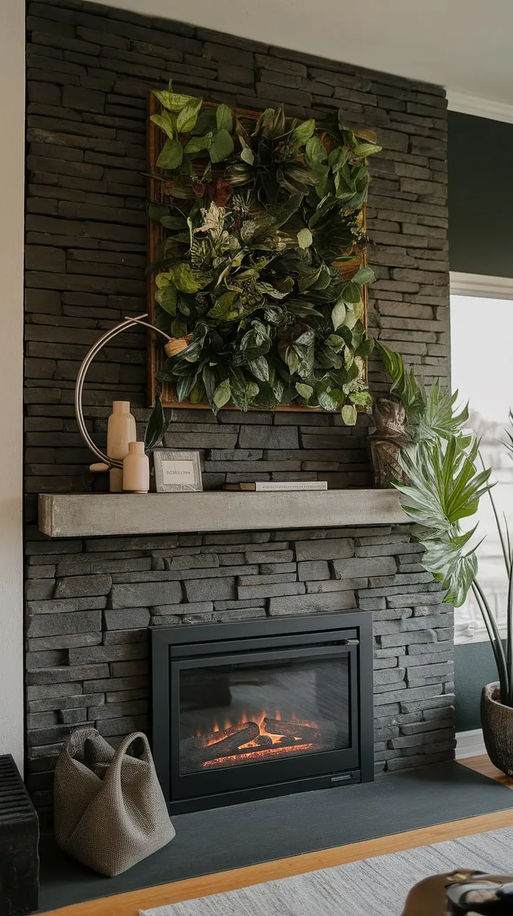 This modern family room boasts a striking black stack stone fireplace, a true focal point with its unique mantle decor. The dark color palette is beautifully complemented by the green wall, showcasing living room fireplace ideas that blend nature and contemporary style. The concrete mantle fireplace adds a touch of industrial chic, while the integrated cottage electric fireplace offers both warmth and convenience. This black brick fireplace design is a perfect example of how to create a sophisticated and inviting atmosphere.
