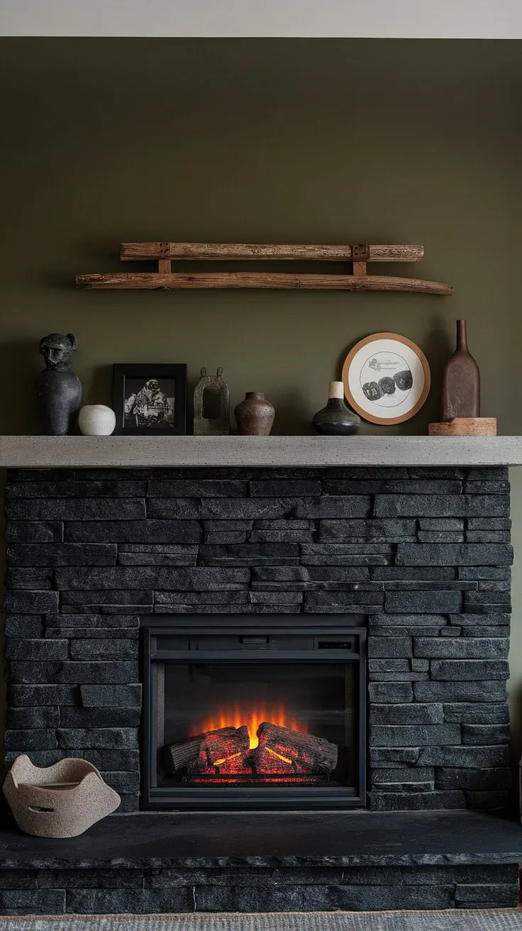 Cozy nights and family gatherings are made perfect in this fireplace family room. The black stack stone fireplace, with its concrete mantle and unique mantle decor, is the heart of this modern living room, offering inspiring living room fireplace ideas. The dark color fireplace and green wall fireplace create a stunning backdrop.