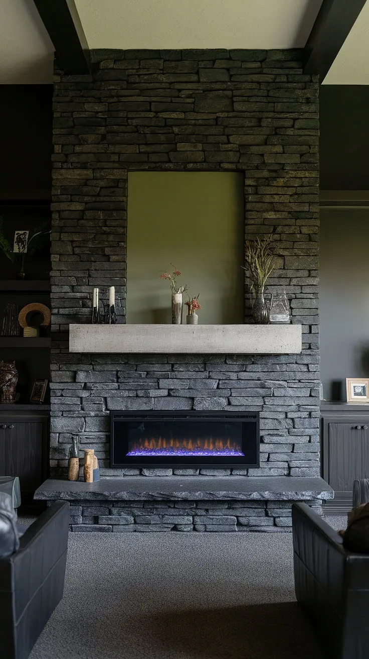 A sophisticated dark color fireplace anchors this family room's modern design. The black stack stone fireplace features a unique mantle decor, with a concrete mantle and a surprising green wall backdrop. This living room fireplace ideas demonstrates how a cottage electric fireplace can seamlessly integrate into a contemporary space. The black brick fireplace's texture adds depth and warmth, while the dark gray carpet and dark furniture create a cozy ambiance. This concrete mantle fireplace is a stunning example of modern fireplace decor.