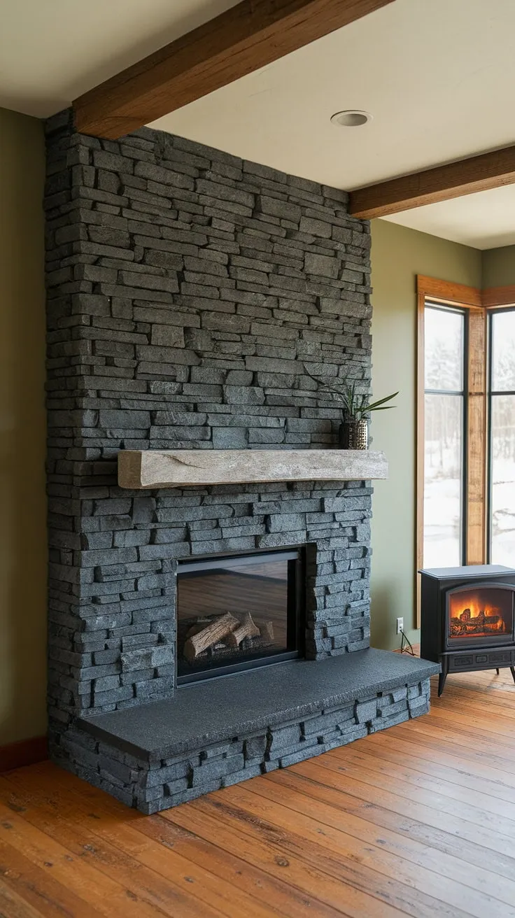 This modern fireplace decor features a striking black brick fireplace (or black stack stone fireplace) as a focal point. The unique concrete mantle fireplace and green wall fireplace create a stunning contrast against the warm wood floors and exposed beams. Perfect living room fireplace ideas for a family room that's both stylish and inviting.