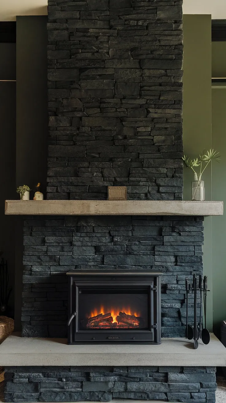 This living room fireplace ideas showcase a dramatic black brick fireplace—a black stack stone fireplace with a unique mantle decor—set against a striking green wall. The concrete mantle fireplace and cottage electric fireplace complete this dark color fireplace family room.