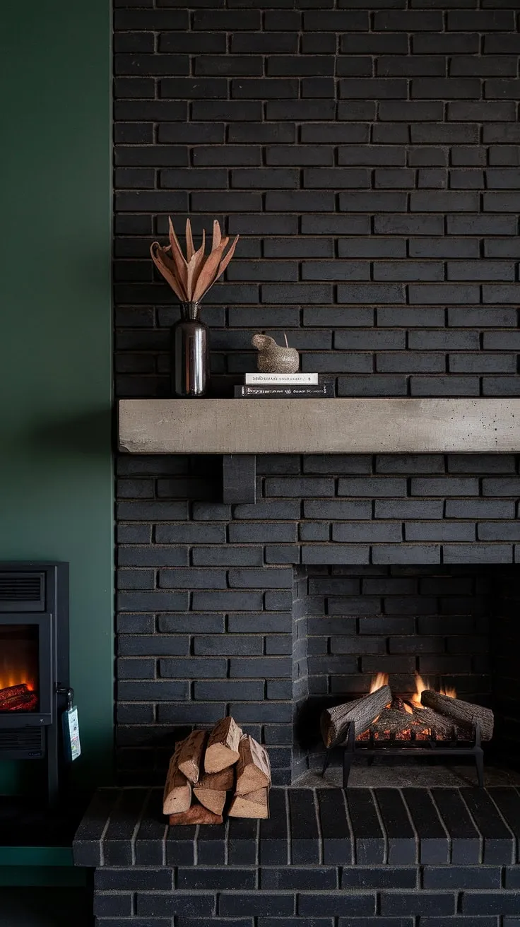 Cozy nights and family gatherings are made perfect in this dramatic fireplace family room. The black stack stone fireplace with its unique concrete mantle decor, complemented by a green wall fireplace and a cottage electric fireplace, offers the ultimate in modern fireplace decor and living room fireplace ideas. This dark color fireplace is a statement piece.