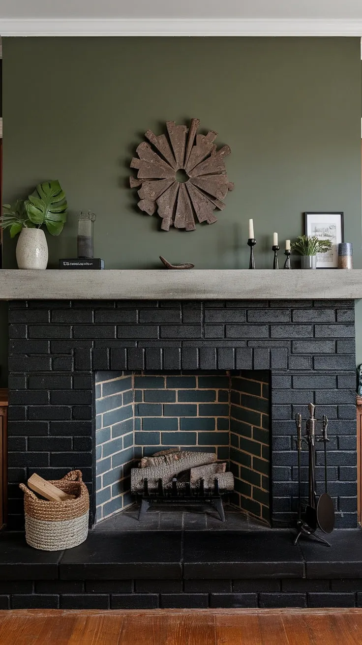 This cottage electric fireplace, a stunning black stack stone fireplace with a dark color fireplace and green wall interior, is the heart of this family room. The unique mantle decor and concrete mantle fireplace complete the modern fireplace decor. Plenty of living room fireplace ideas are inspired by this space.