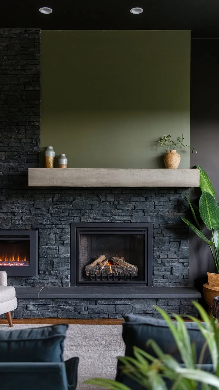 The dark color palette of this family room is beautifully anchored by a stunning black stack stone fireplace. The concrete mantle fireplace provides a sleek contrast, while the green wall behind it adds a touch of unexpected vibrancy. A supplementary cottage electric fireplace enhances the cozy atmosphere, making this a perfect example of modern fireplace decor and living room fireplace ideas. The black brick fireplace is a showstopper, offering a unique take on fireplace family room design.