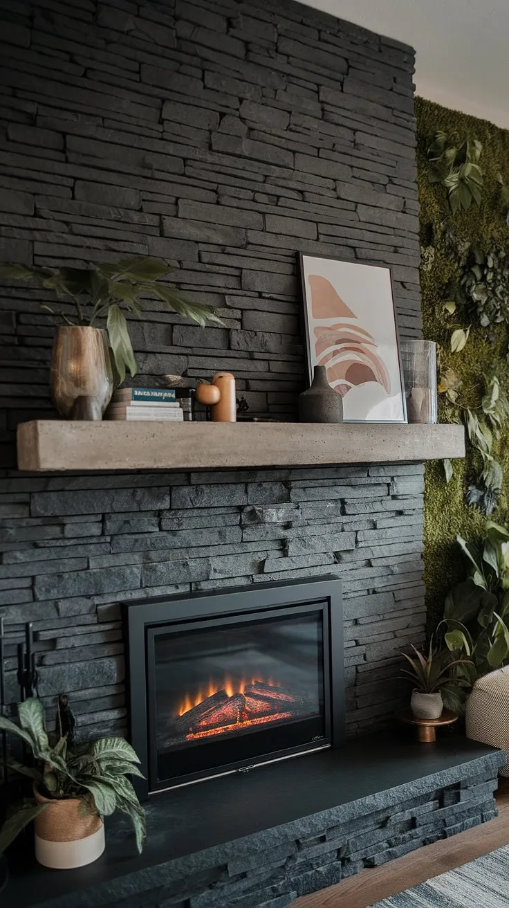 This modern family room boasts a striking black stack stone fireplace, or black brick fireplace, as a dramatic focal point. The unique mantle decor, featuring a concrete mantle, adds a touch of industrial chic. Living room fireplace ideas are brought to life with the green wall and lush plants flanking the dark color fireplace, creating a cozy and sophisticated atmosphere. The cottage electric fireplace provides both warmth and ambiance.