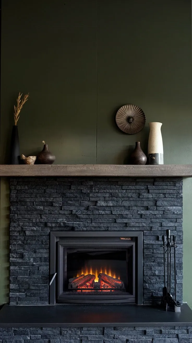 This cottage electric fireplace, nestled within a black brick fireplace and dark color scheme, transforms this family room into a haven of warmth and style. The modern fireplace decor, featuring a black stack stone fireplace and unique mantle decor against a green wall, offers endless living room fireplace ideas.