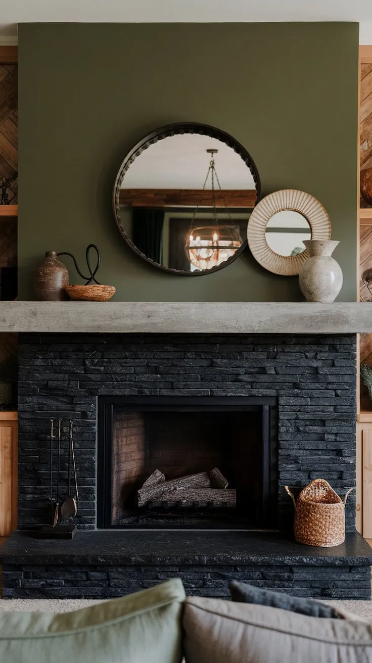 Cozy cottage vibes meet modern design in this fireplace family room. The black stack stone fireplace, with its concrete mantle and unique mantle decor, anchors the space, while the green wall and rustic furniture create a warm and inviting atmosphere. Living room fireplace ideas don't get much better than this dark color fireplace.