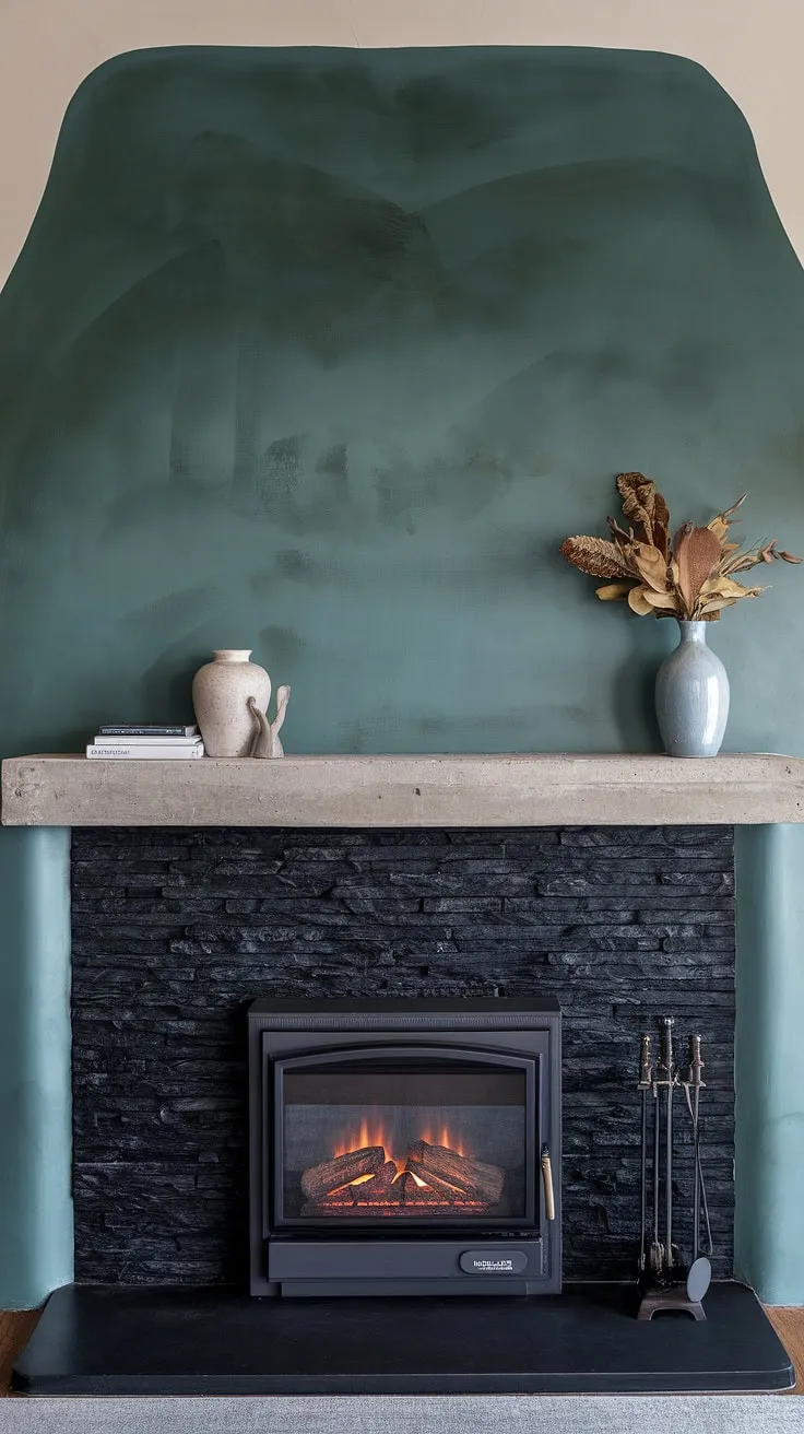 The black brick fireplace, a black stack stone fireplace, anchors this modern family room. Its concrete mantle fireplace provides a unique mantle decor, while the green wall fireplace creates a striking backdrop. This cottage electric fireplace is the perfect blend of rustic charm and modern design, offering inspiration for your own living room fireplace ideas.