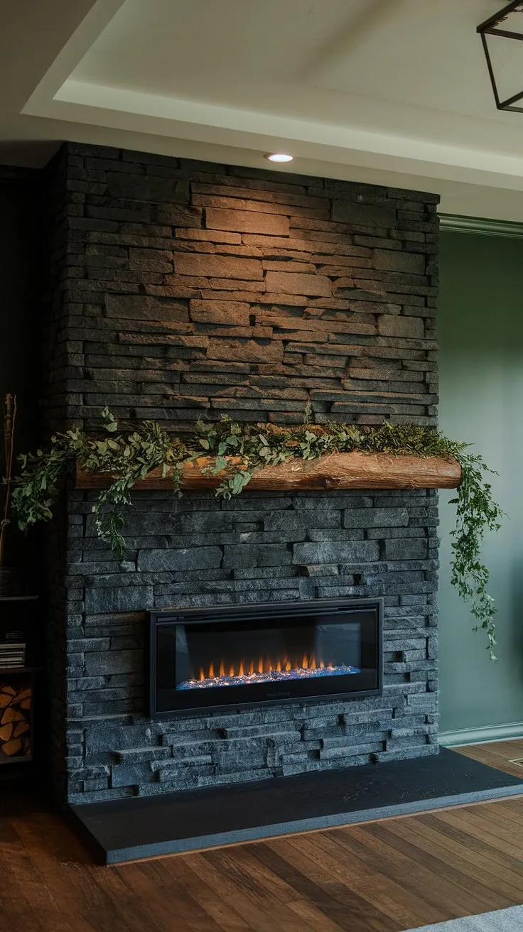 This modern fireplace family room boasts a striking black stack stone fireplace, a dramatic dark color fireplace design that anchors the space. The unique mantle decor, featuring lush greenery, softens the industrial feel of the black brick fireplace, while the adjacent green wall fireplace adds a pop of unexpected color. Living room fireplace ideas like this cottage electric fireplace offer cozy ambiance, complementing the concrete mantle fireplace's sophisticated style. The rich wood floors complete the look.