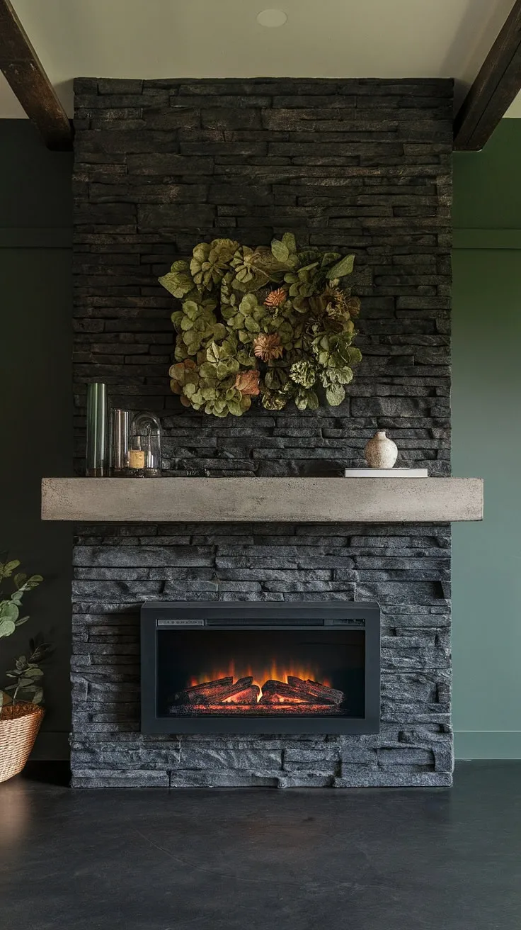 This modern family room boasts a striking black stack stone fireplace, or black brick fireplace as some might call it, a true centerpiece of the space. The unique mantle decor, featuring a concrete mantle and vibrant green wall decoration, complements the dark color fireplace and green wall perfectly. This living room fireplace ideas showcases a sophisticated blend of textures and colors, anchored by the cottage electric fireplace for cozy ambiance.