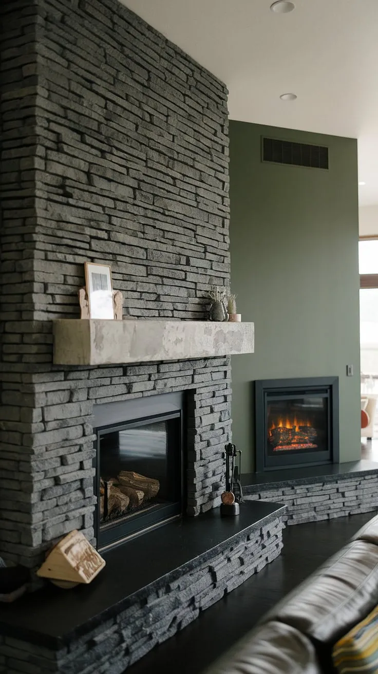 This spacious open-plan family room boasts a striking black stack stone fireplace, or black brick fireplace, as a dramatic focal point. The unique mantle decor, a striking piece of concrete mantle fireplace design, adds a modern touch, perfectly complementing the dark color fireplace scheme. A vibrant green wall fireplace accent next to it adds a pop of color, while a cozy cottage electric fireplace in the corner offers additional warmth and ambiance. This living room fireplace ideas showcase a sophisticated blend of textures and styles.