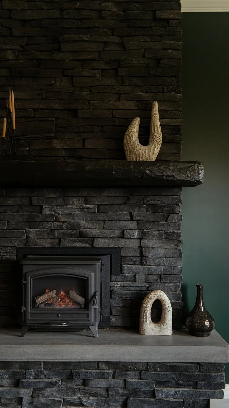 Cozy nights and family gatherings are made perfect in this dark and inviting living room, featuring a black stack stone fireplace with unique mantle decor. The green wall and cottage electric fireplace add a touch of modern fireplace decor, making it the ultimate concrete mantle fireplace and living room fireplace ideas.