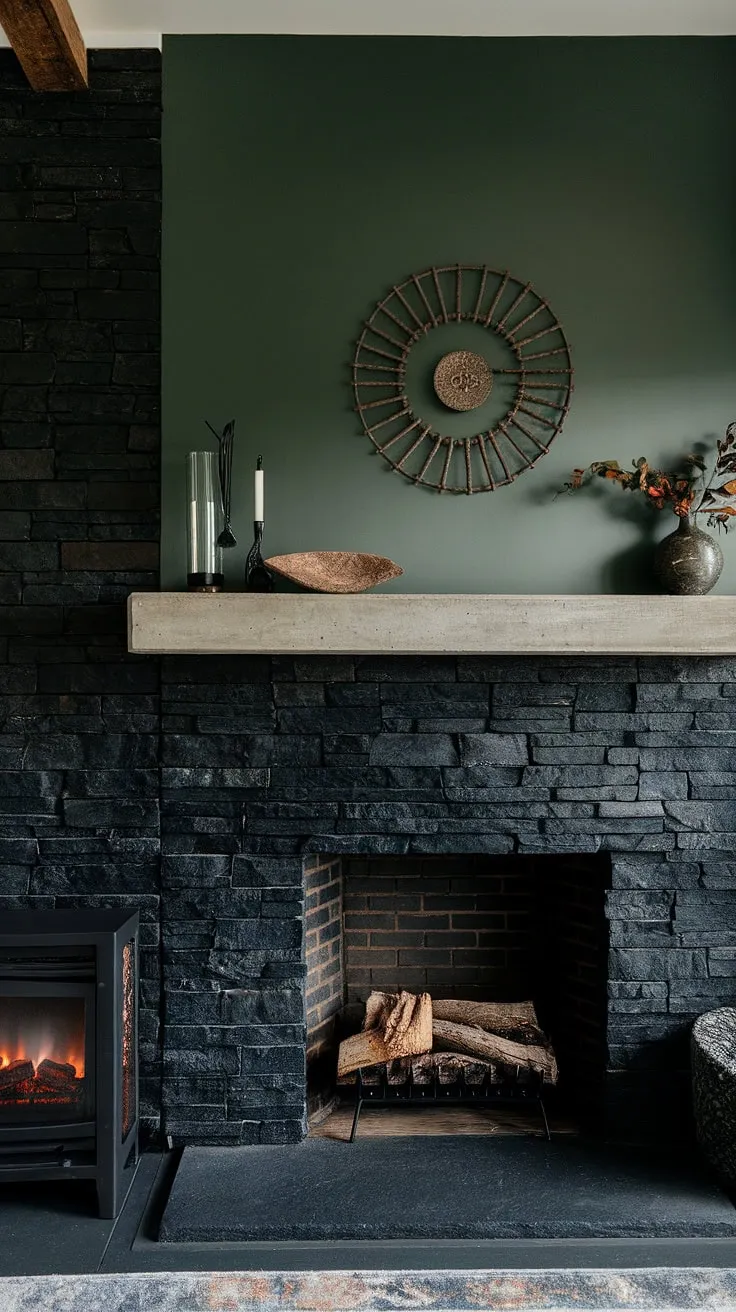 This cozy family room boasts a striking black stack stone fireplace, a modern fireplace decor statement with a concrete mantle fireplace and unique mantle decor. The green wall fireplace adds a pop of color against the dark color fireplace and dark grey floor, creating a sophisticated yet inviting atmosphere. A smaller cottage electric fireplace complements the main feature, offering additional warmth and style. This living room fireplace ideas showcase the perfect blend of modern and rustic design.