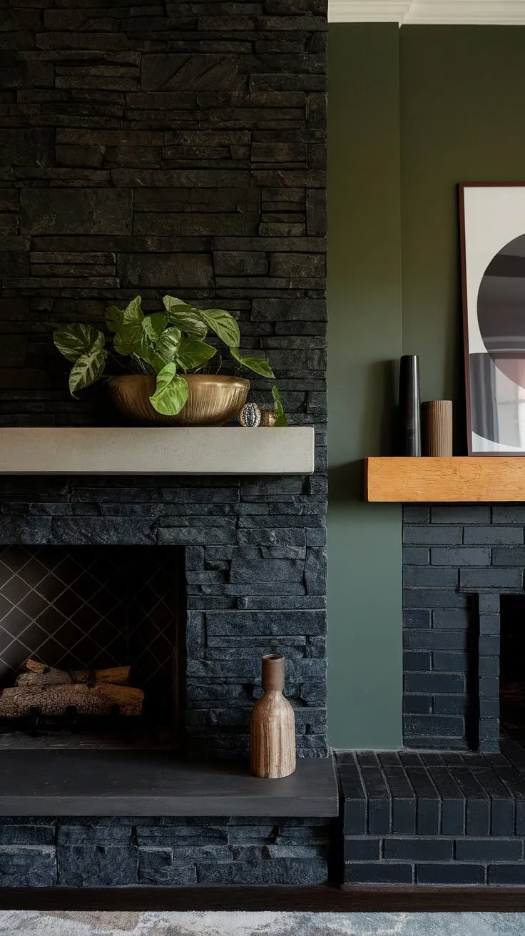 Cozy nights and family gatherings are made perfect in this fireplace family room. The black stack stone fireplace, with its unique mantle decor and green wall backdrop, offers a stunning focal point, showcasing modern fireplace decor and inspiring living room fireplace ideas. The concrete mantle fireplace and black brick fireplace elements add depth to this dark color fireplace design.