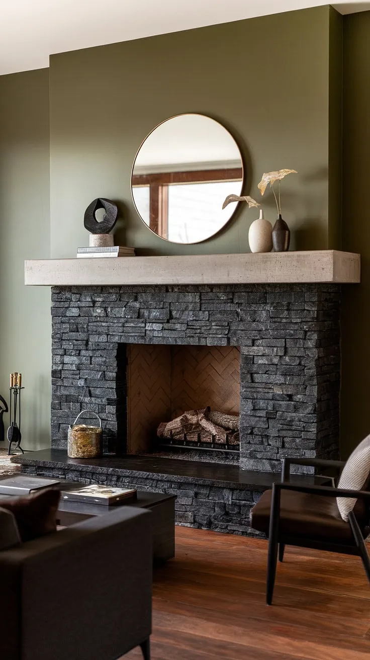This living room fireplace ideas showcase a stunning black stack stone fireplace, a modern fireplace decor statement against the green wall. The concrete mantle fireplace is adorned with unique mantle decor, featuring a large round mirror and tasteful accents. Dark color furniture complements the dark color fireplace, creating a cozy and sophisticated atmosphere in this family room. The cottage electric fireplace offers warmth and style, all set against a rich wood floor.