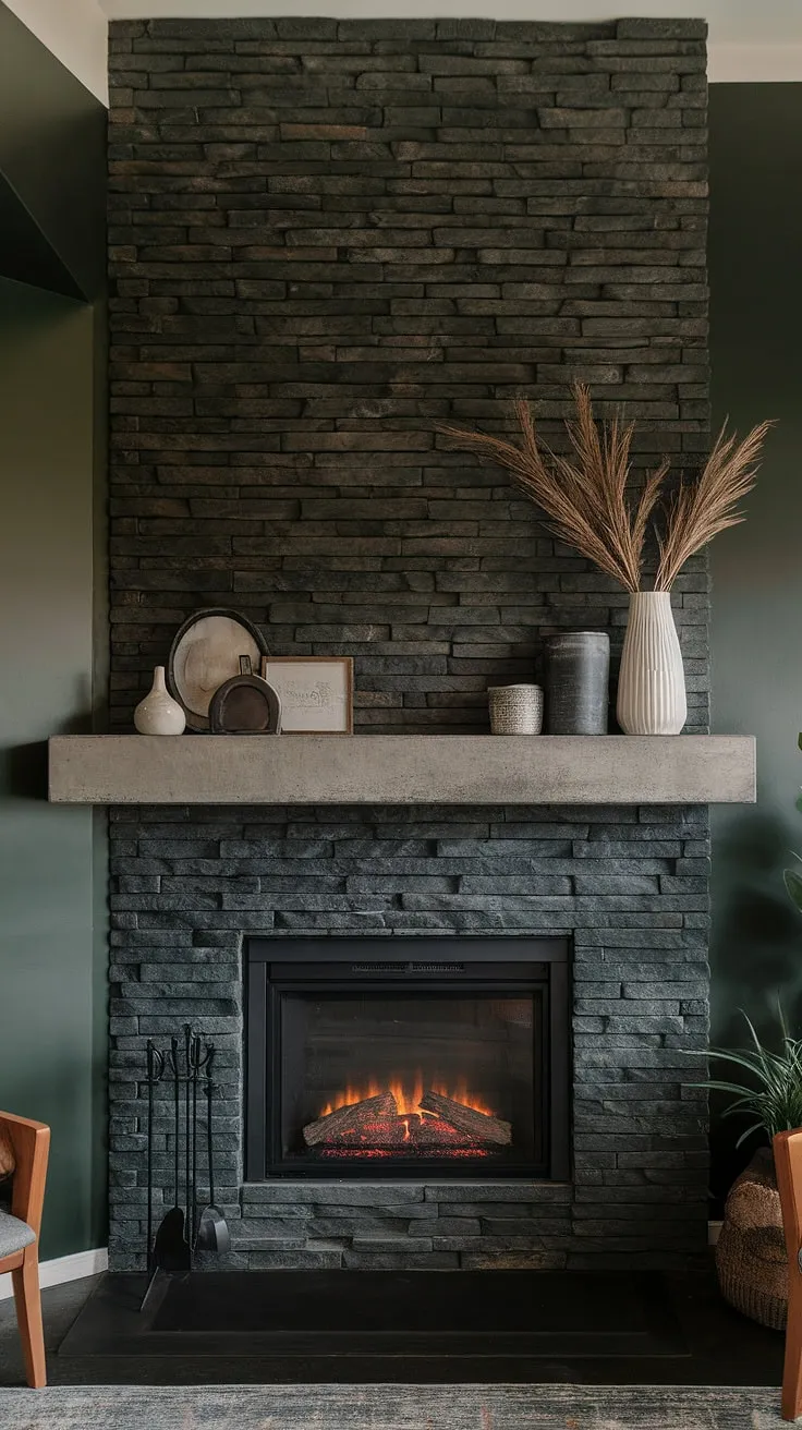 Cozy nights and family gatherings are made perfect in this fireplace family room. The black stack stone fireplace, with its unique mantle decor and green wall fireplace backdrop, offers a modern fireplace decor statement. A touch of cottage electric fireplace charm completes this dark color fireplace design.