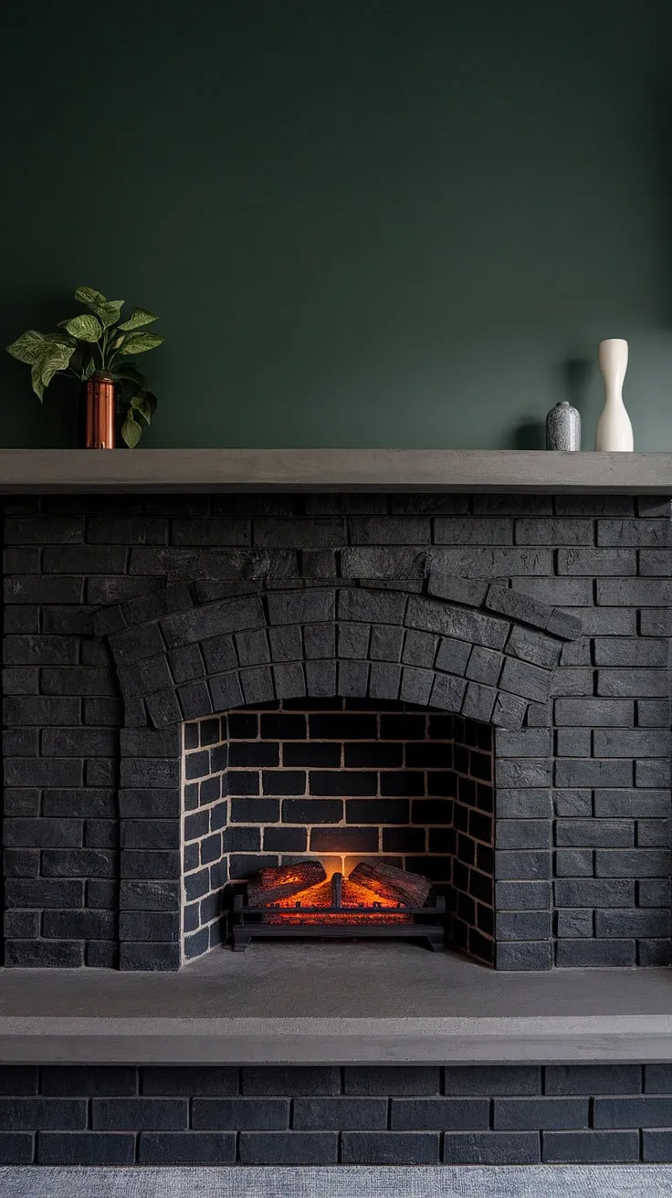 This modern family room boasts a striking focal point: a black brick fireplace with a black stack stone finish. The unique curved mantle, a concrete mantle fireplace, adds a touch of unexpected elegance against the deep green wall. This dark color fireplace, a cottage electric fireplace, offers both warmth and style, showcasing innovative living room fireplace ideas and modern fireplace decor.