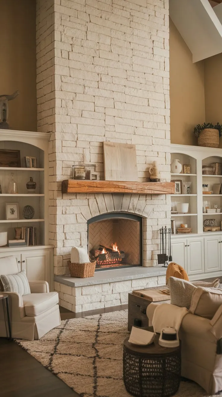 A large stone fireplace, flanked by built-in bookshelves, anchors a warm and inviting farmhouse family room perfect for cozy gatherings.