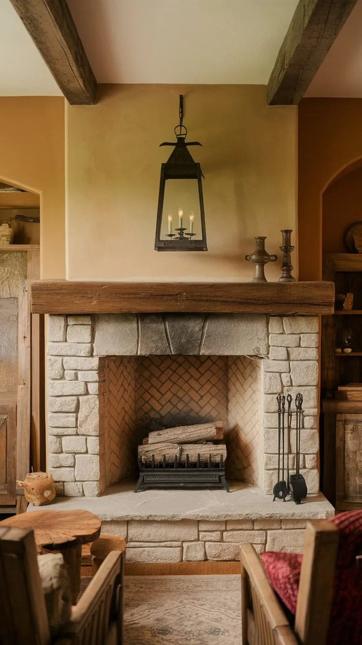 Rustic charm fills a farmhouse family room, its stone fireplace glowing warmly under exposed beams and a vintage lantern.