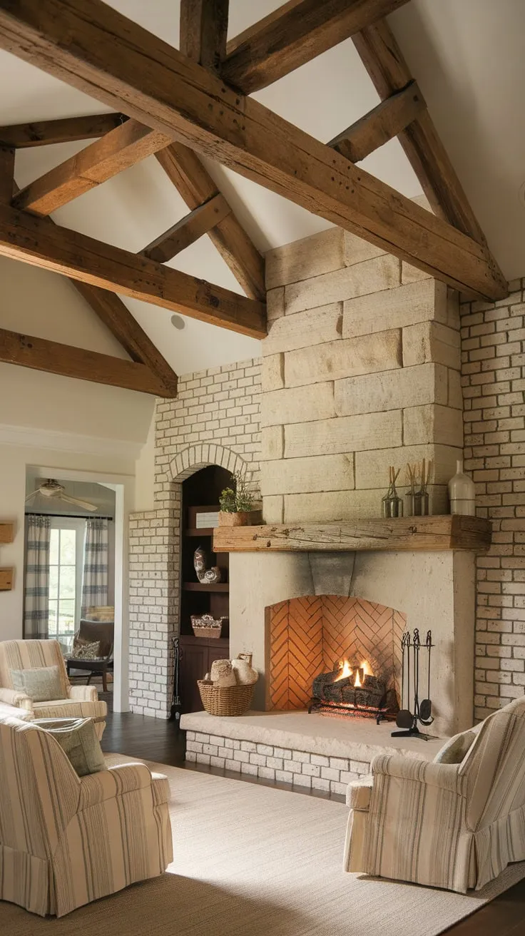Rustic charm meets cozy comfort in a farmhouse family room featuring a captivating stone fireplace, wooden beams, and a welcoming atmosphere.