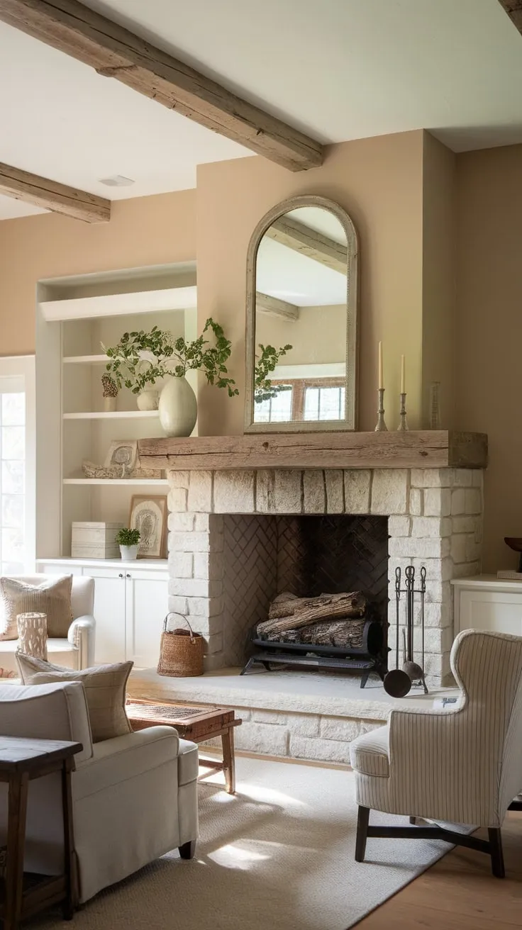A rustic farmhouse family room's stone fireplace, adorned with a vintage mirror and cozy décor, anchors a warm and inviting space.