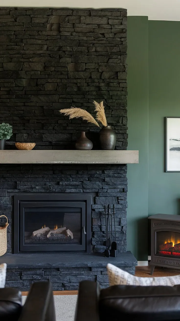 Cozy nights and family gatherings are made perfect in this fireplace family room. The black stack stone fireplace, with its unique mantle decor and concrete mantle, anchors the space, complemented by a green wall fireplace and dark color furniture. Living room fireplace ideas don't get much better than this modern fireplace decor, complete with a cottage electric fireplace for added warmth.