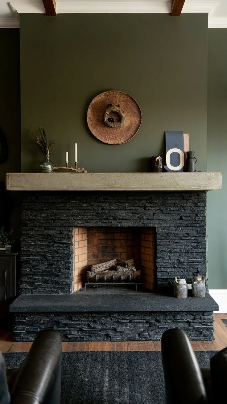 This living room fireplace ideas showcase a stunning black brick fireplace—a black stack stone fireplace with a concrete mantle—perfectly complementing the dark color scheme and green wall. The unique mantle decor adds a touch of cottage charm to this electric fireplace family room.
