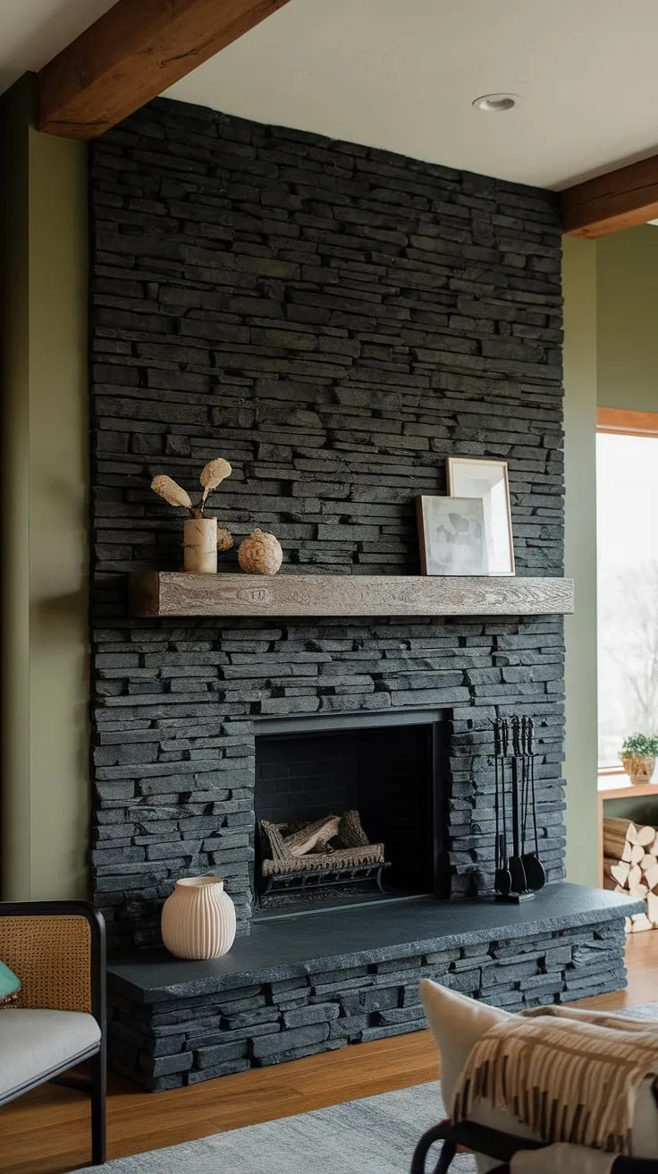 This cottage-style family room boasts a stunning focal point: a modern fireplace decor featuring a black stack stone fireplace, its dark color beautifully offset by the adjacent green wall. The unique mantle decor, crafted from concrete, adds a touch of industrial chic to this living room fireplace ideas masterpiece. The black brick fireplace's warmth complements the wood floors and comfortable seating, creating a cozy and inviting atmosphere. This cottage electric fireplace is the perfect blend of rustic charm and contemporary style.