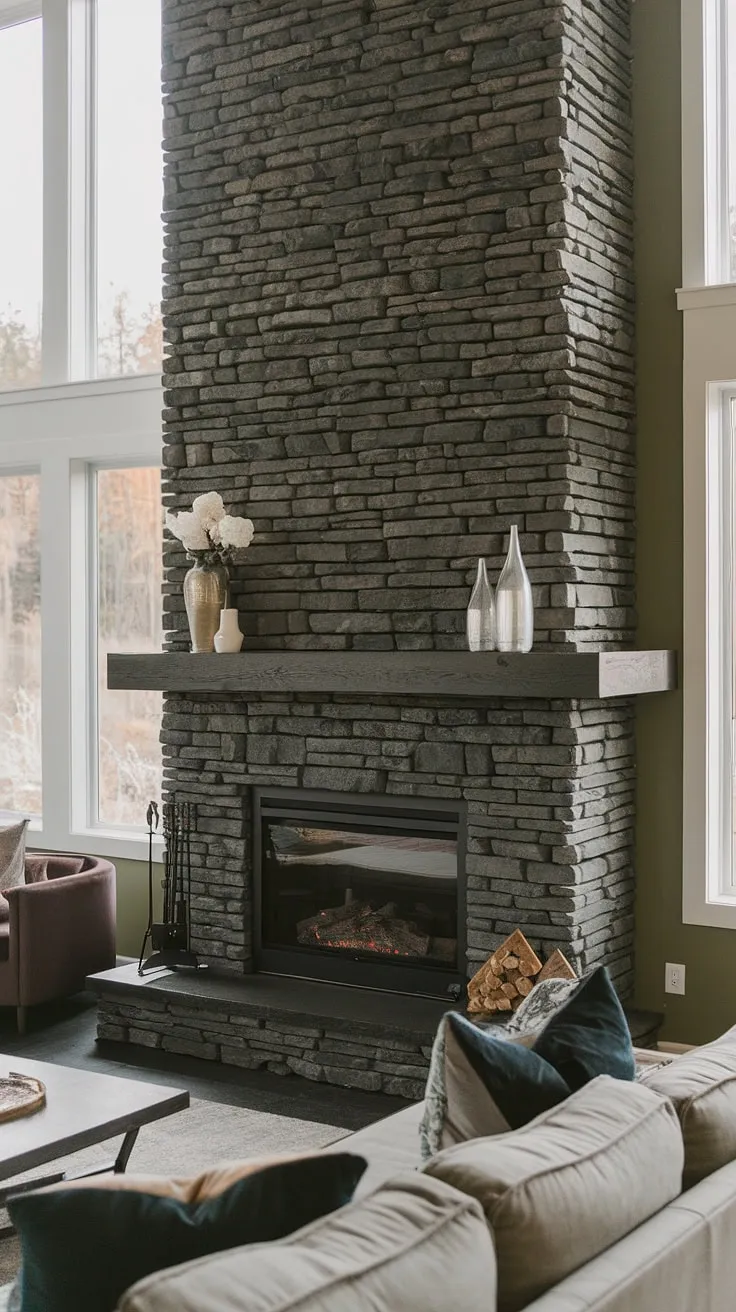This modern fireplace family room boasts a show-stopping black brick fireplace—a black stack stone fireplace, really—featuring a concrete mantle fireplace and unique mantle decor. The green wall and ample natural light complement the dark color fireplace perfectly, creating the ultimate living room fireplace ideas.