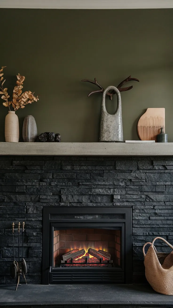 Cozy nights and family gatherings are made perfect in this fireplace family room. The black stack stone fireplace, with its concrete mantle and unique mantle decor, is the heart of this modern design, offering living room fireplace ideas that blend seamlessly with the green wall fireplace.
