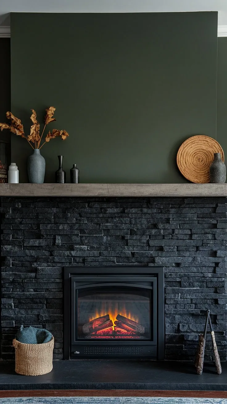 A dark color palette defines this family room, centered around a stunning black brick fireplace. The black stack stone fireplace features a concrete mantle fireplace, showcasing unique mantle decor. The green wall fireplace adds a pop of color, complementing the modern fireplace decor. This cottage electric fireplace provides both ambiance and warmth, offering inspiration for your own living room fireplace ideas.