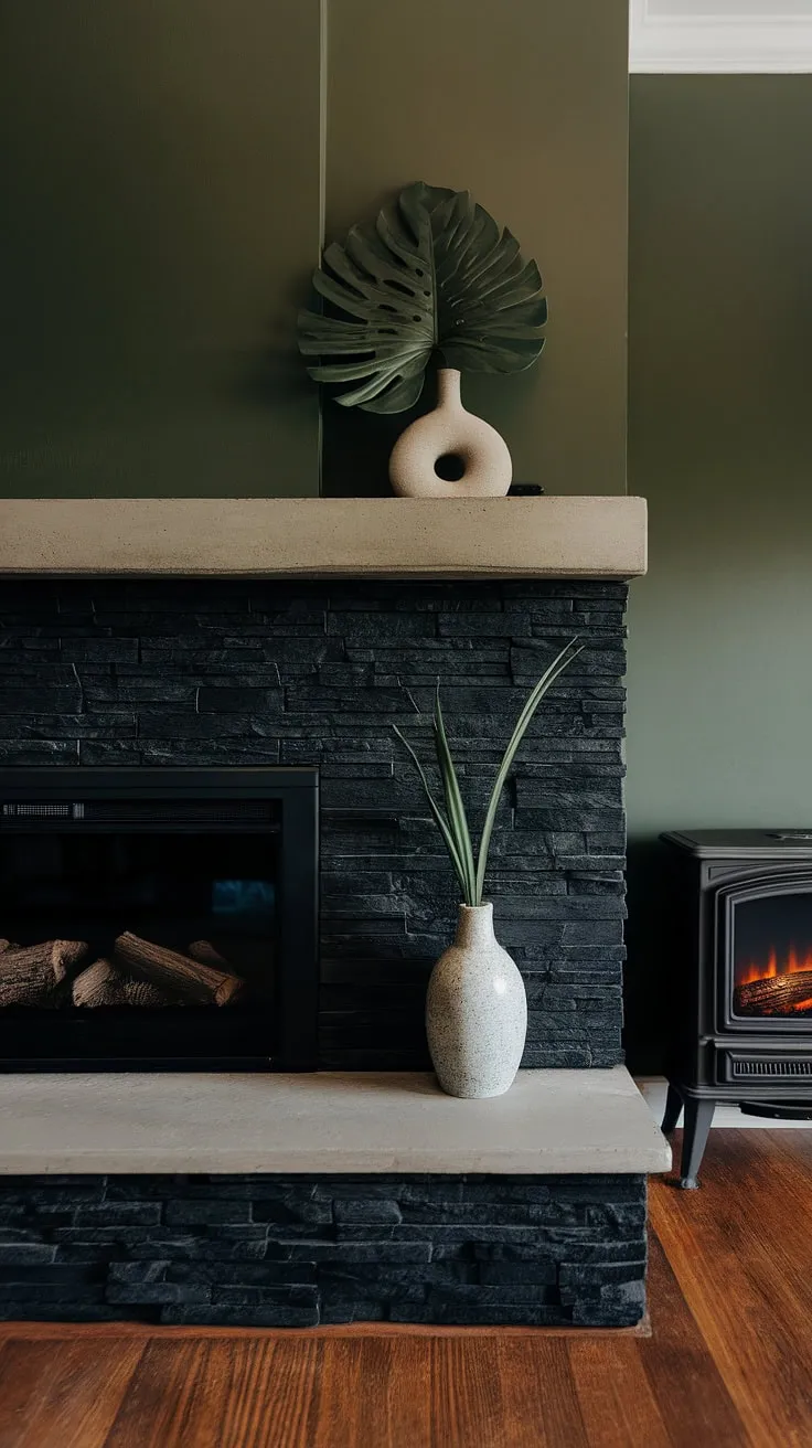 Cozy nights and family gatherings are made perfect in this fireplace family room. The modern fireplace decor, featuring a black stack stone fireplace with a concrete mantle and unique mantle decor, sets the mood. Living room fireplace ideas don't get much better than this green wall fireplace with its dark color fireplace and cottage electric fireplace.
