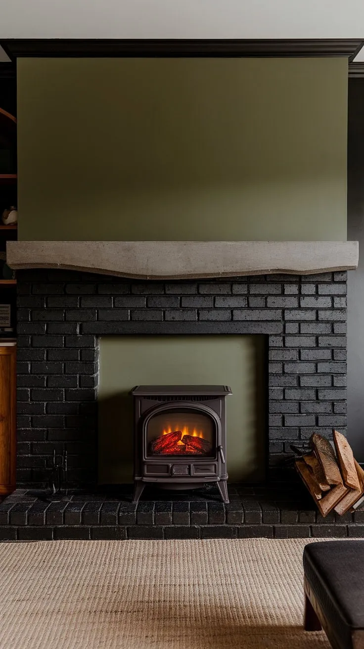 Cozy nights and family gatherings are made perfect in this fireplace family room. The modern fireplace decor, featuring a black stack stone fireplace with a unique concrete mantle fireplace, adds a touch of industrial chic against the green wall fireplace. Living room fireplace ideas don't get much more stylish than this dark color fireplace setup, complete with a charming cottage electric fireplace.