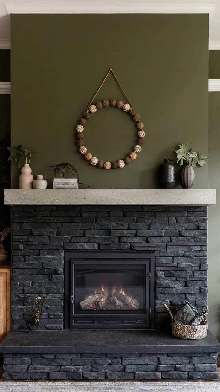 This cozy family room boasts a stunning black stack stone fireplace, a show-stopping focal point with a unique mantle decor. The dark color fireplace, complemented by a green wall fireplace, creates a sophisticated and inviting atmosphere. Living room fireplace ideas come to life with this modern fireplace decor, featuring a concrete mantle fireplace and a charming cottage electric fireplace nestled nearby. The black brick fireplace's texture adds depth to the space.