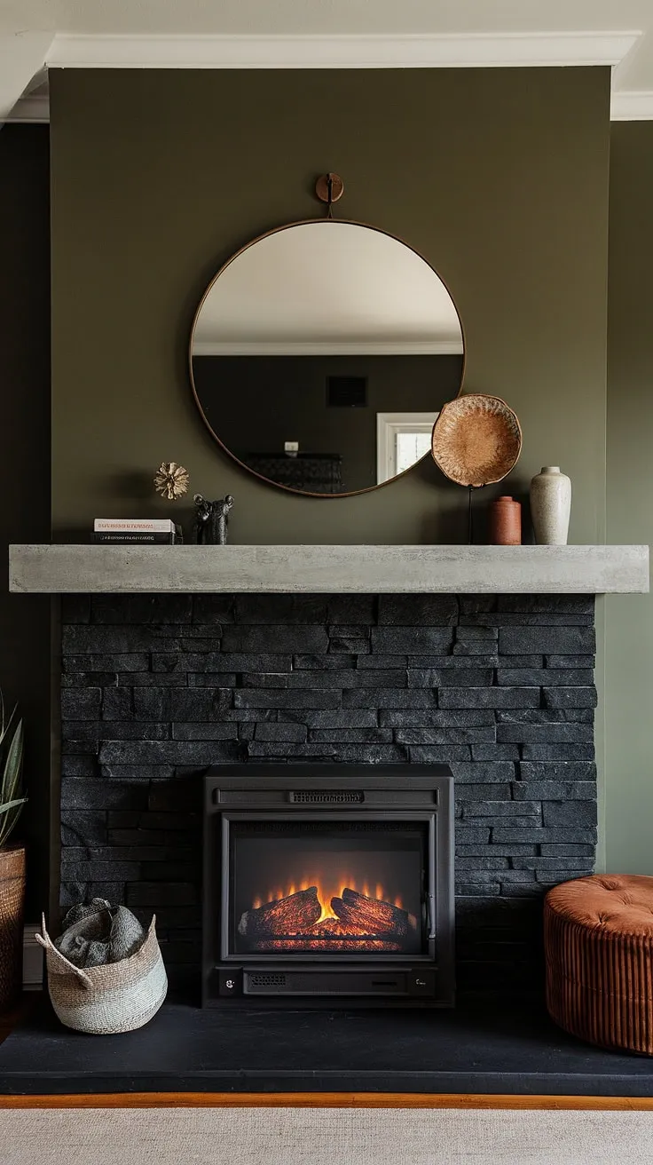 This green wall fireplace is a showstopper! The black brick fireplace, a black stack stone fireplace actually, boasts a concrete mantle fireplace and modern fireplace decor. Unique mantle decor completes the look in this stunning fireplace family room, offering inspiration for your own living room fireplace ideas.