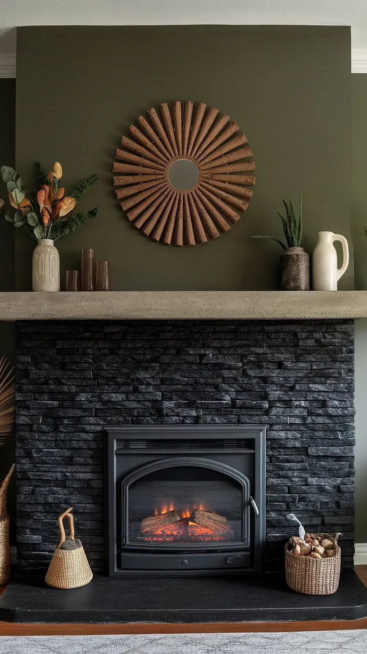 This modern family room boasts a stunning focal point: a black stack stone fireplace, or black brick fireplace, with a unique mantle decor featuring a concrete mantle. The dark color fireplace contrasts beautifully against the green wall fireplace, offering inspiration for living room fireplace ideas. A cottage electric fireplace adds to the room's cozy ambiance.