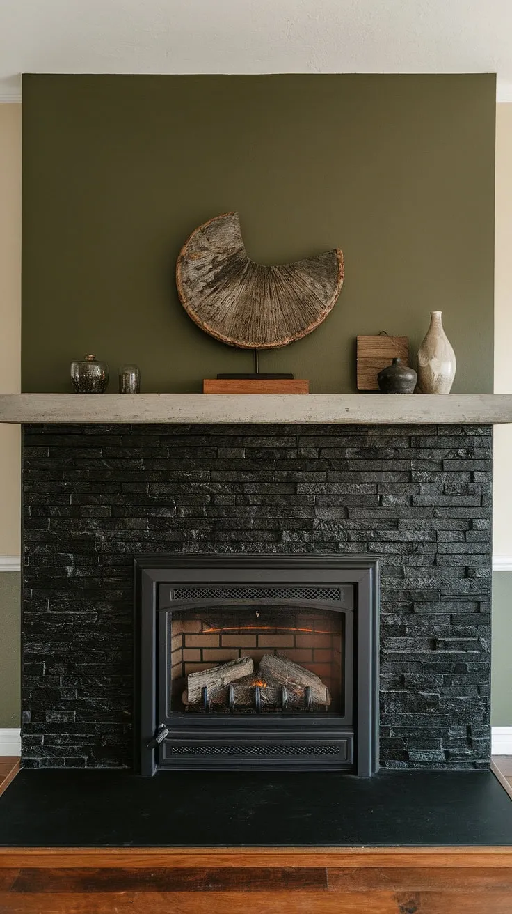 This fireplace family room boasts a stunning black stack stone fireplace, a concrete mantle fireplace, and unique mantle decor. The dark color fireplace contrasts beautifully against the green wall fireplace, offering inspiration for your own living room fireplace ideas. The cottage electric fireplace and black brick fireplace add layers of texture and warmth to this modern space.