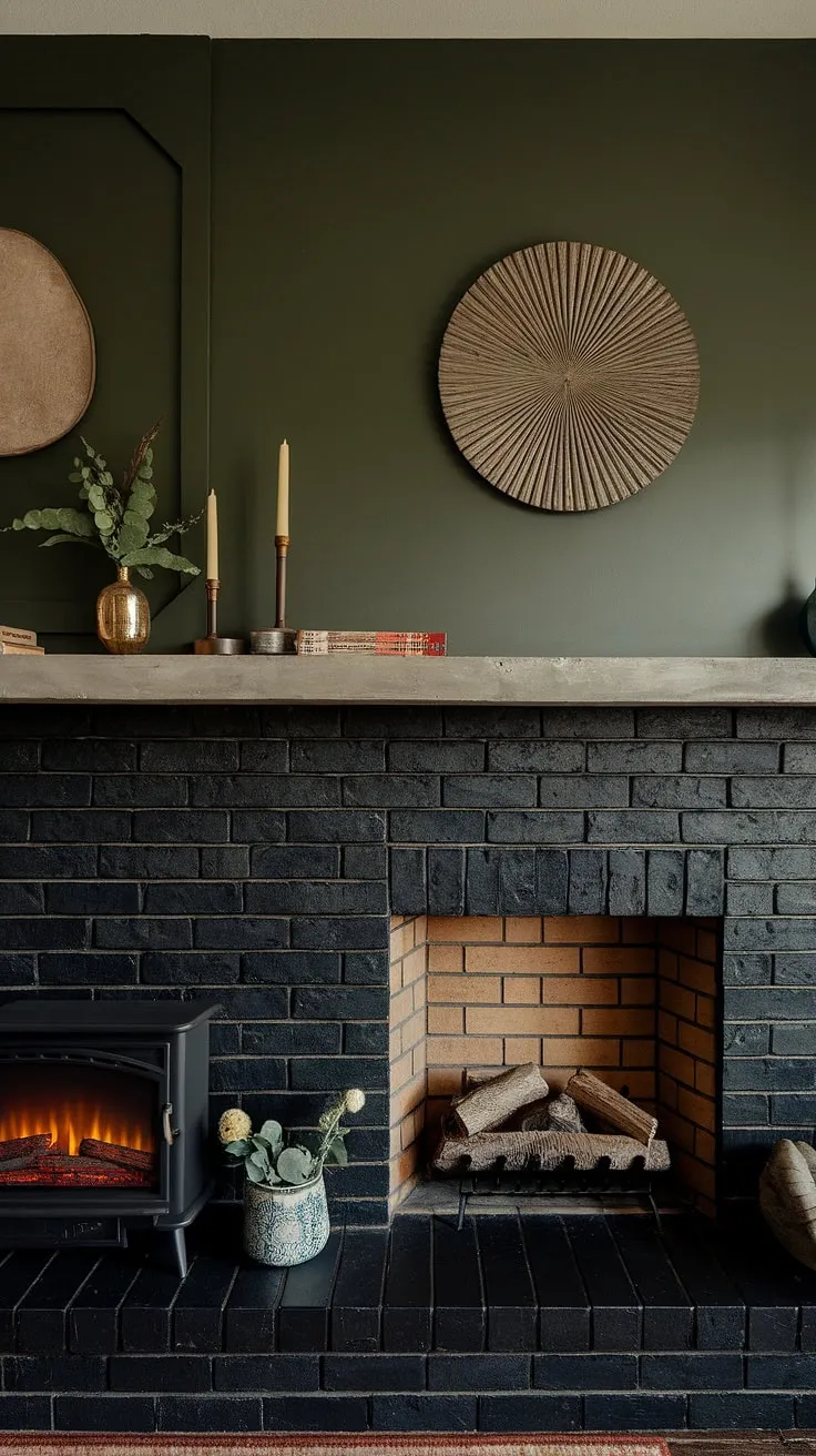 This modern fireplace family room boasts a dramatic black brick fireplace and a sleek black stack stone fireplace, both featuring a concrete mantle fireplace. The green wall fireplace and unique mantle decor add personality, while the cottage electric fireplace provides extra warmth. Explore these living room fireplace ideas for your own home.