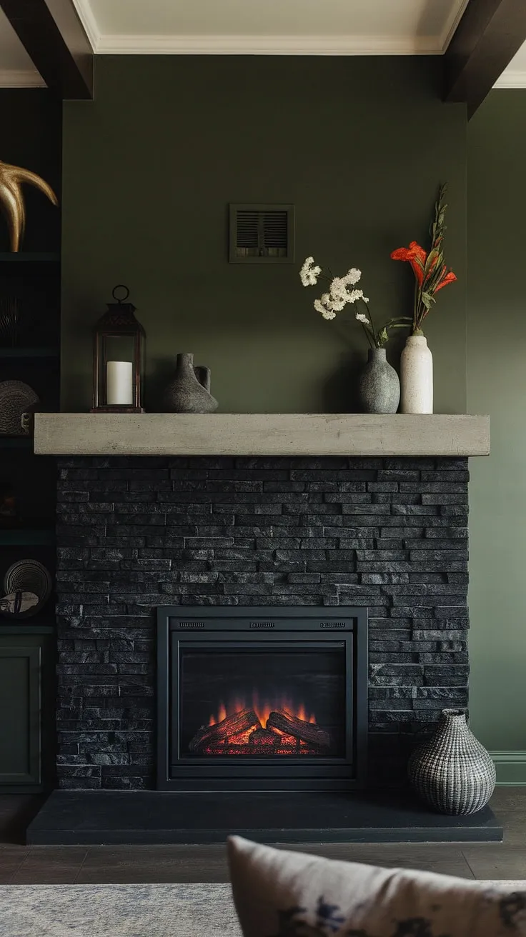 Cozy nights and family gatherings are made perfect in this fireplace family room. The black stack stone fireplace, with its concrete mantle and unique mantle decor, anchors the space, offering modern fireplace decor inspiration. This green wall fireplace showcases living room fireplace ideas with a dark color fireplace and cottage electric fireplace charm.