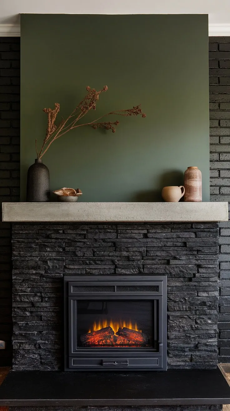 This modern fireplace decor features a black stack stone fireplace, a concrete mantle fireplace, and a striking green wall fireplace. The unique mantle decor perfectly complements the dark color fireplace and black brick fireplace, making this cottage electric fireplace the heart of a cozy fireplace family room. Plenty of living room fireplace ideas are on display in this inviting space.