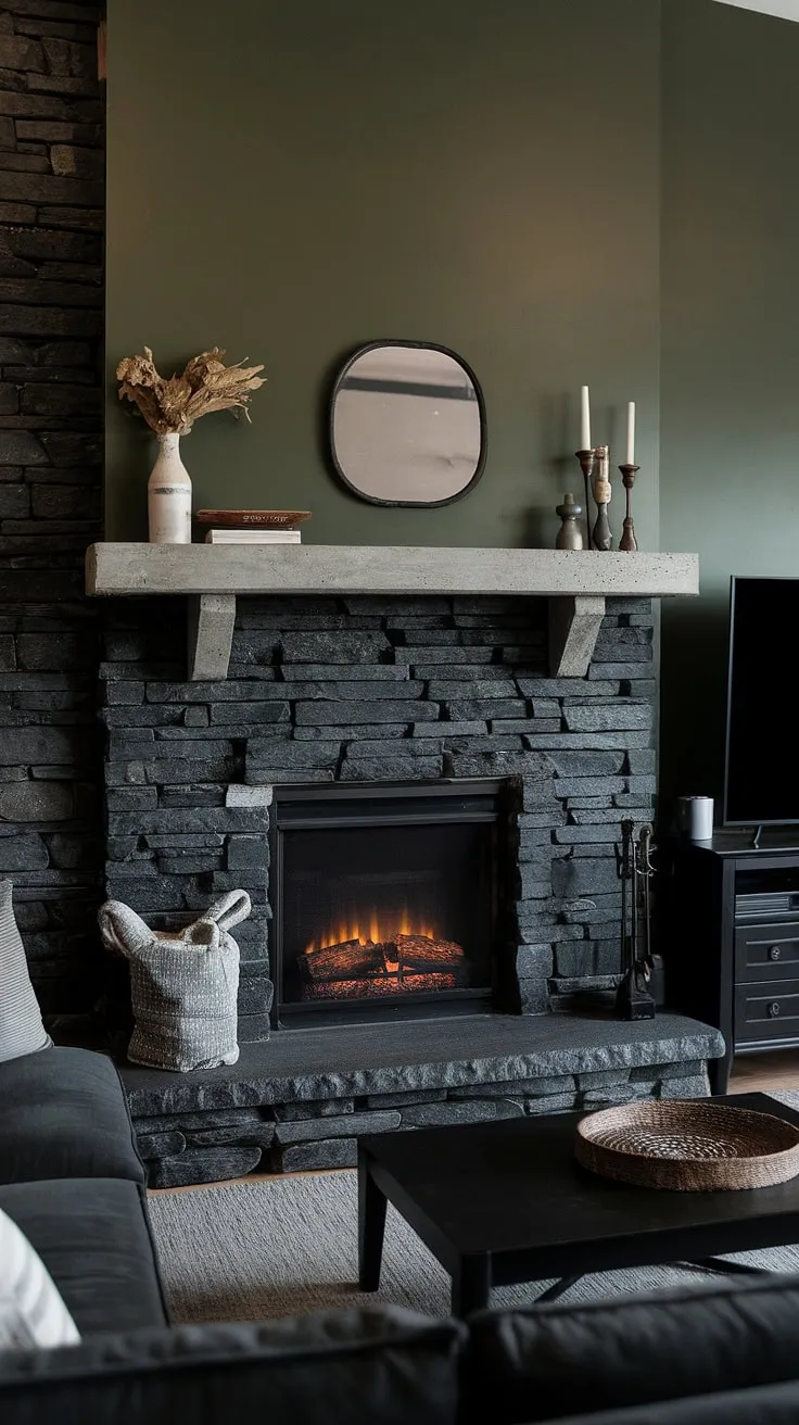 A modern fireplace decor statement is made with this black stack stone fireplace, featuring a concrete mantle fireplace and unique mantle decor. The dark color fireplace is beautifully offset by the green wall fireplace backdrop in this family room. This living room fireplace ideas showcase a sophisticated blend of rustic and modern, with a dark gray sofa and black coffee table completing the look. A secondary cottage electric fireplace adds to the cozy ambiance.