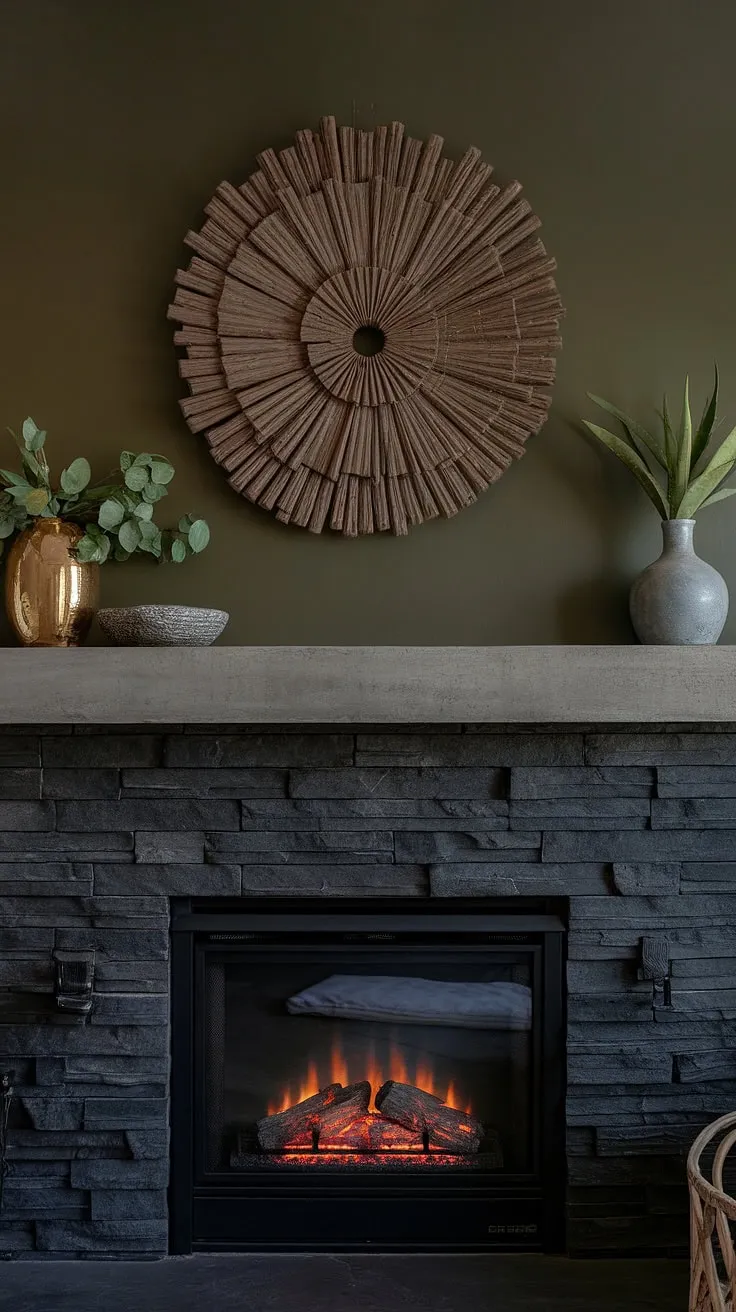 Cozy nights and family gatherings are made perfect in this fireplace family room. The black stack stone fireplace, with its concrete mantle and unique mantle decor against a green wall, offers modern fireplace decor inspiration. This living room fireplace, a cottage electric fireplace, is the heart of the home.