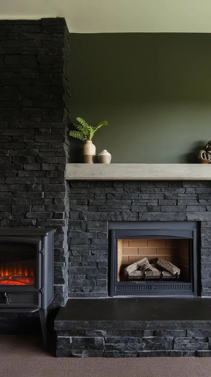 This concrete mantle fireplace, a stunning black brick fireplace and black stack stone fireplace combination, anchors this modern fireplace decor. The green wall fireplace and cottage electric fireplace complete the look, offering versatile living room fireplace ideas for a sophisticated dark color fireplace family room.