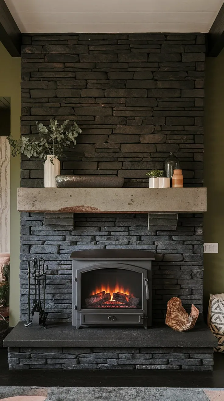 This modern family room boasts a striking black stack stone fireplace, its unique mantle decor crafted from concrete. The dark color scheme, accented by a vibrant green wall, creates a sophisticated yet rustic ambiance. Living room fireplace ideas are elevated with the inclusion of a charming cottage-style electric fireplace, perfectly complementing the black brick fireplace and the overall design.