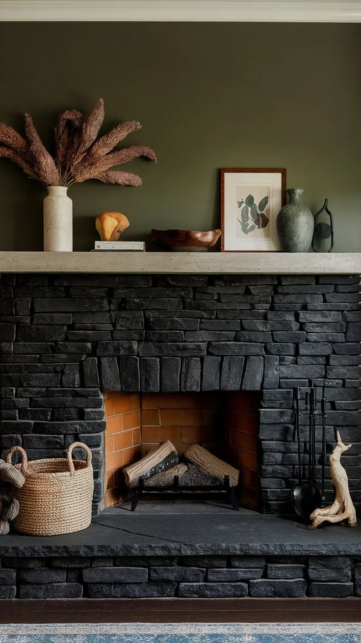 Cozy cottage vibes meet modern design in this fireplace family room. The black stack stone fireplace, with its unique concrete mantle decor and green wall backdrop, offers a stunning focal point. Living room fireplace ideas don't get much better than this dark color fireplace.